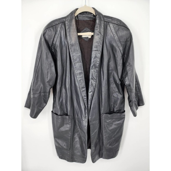 Vintage Tibor Leather Jacket Coat M Shawl Collar Oversized 100% Genuine Black - Picture 1 of 10